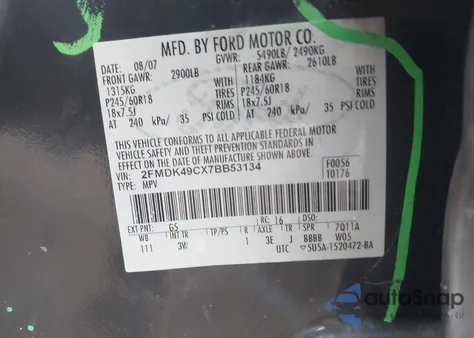 2007 Ford Edge Sel Plus z USA, uszkodzony, nr VIN 2FMDK49CX7BB53134